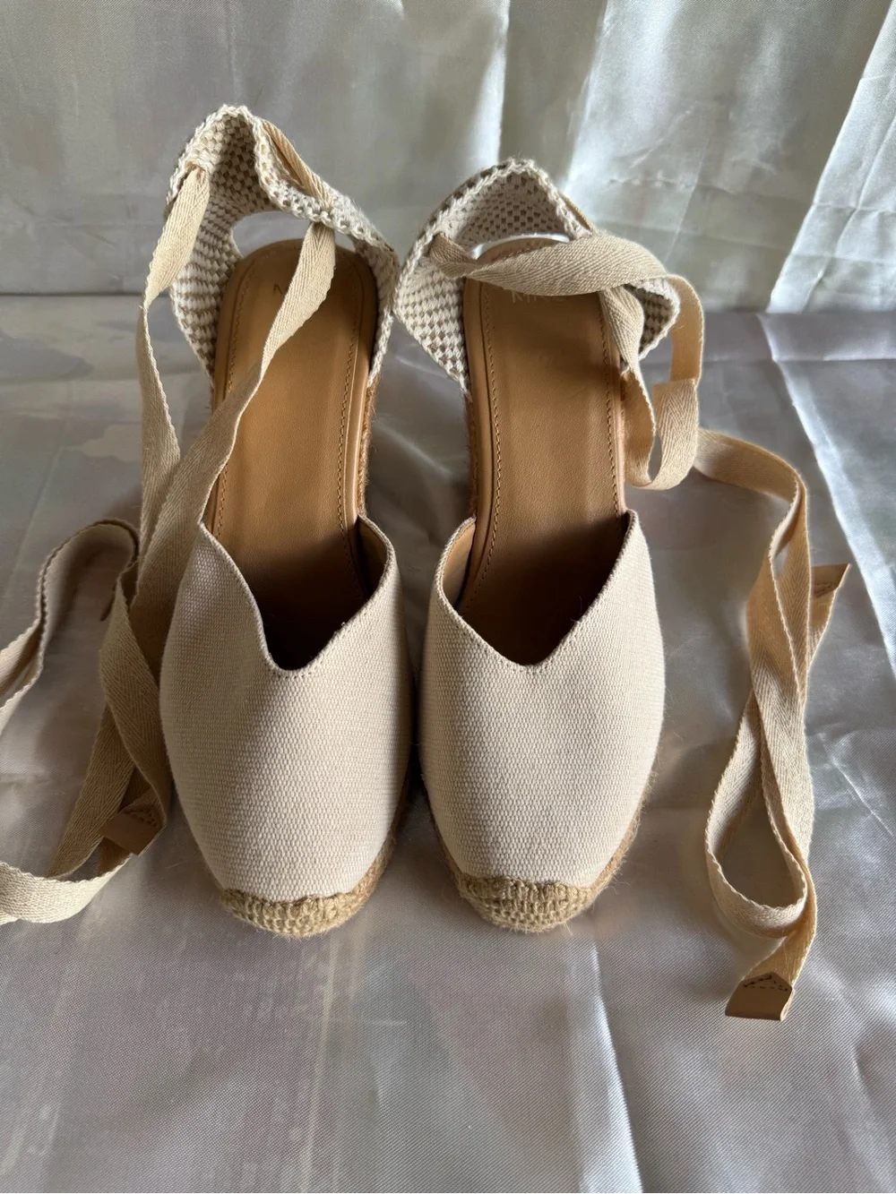 Mango Beige Canvas Espadrille Wedge Sandals with Ankle Wrap